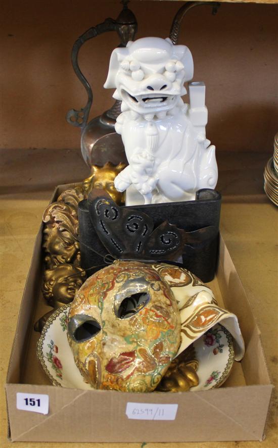 Persian ewer, Chinese blanc de chine dog of Fo, gilt wall applique etc